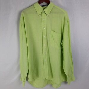 Alan Flusser Mens XL Lime Green 100% Linen Button Down Shirt Long Sleeve